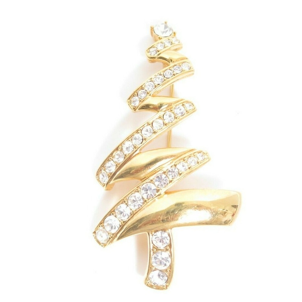 Vintage MONET Christmas Tree Rhinestone Gold Plated Holiday‎ Pin Xmas Jewelry